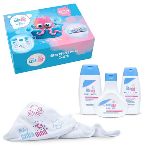 Sebamed Baby Bath Time Set | Includes Gentle Wash, Bubble Bath, Body Lotion and Hooded Towel in Colourful Gift Box