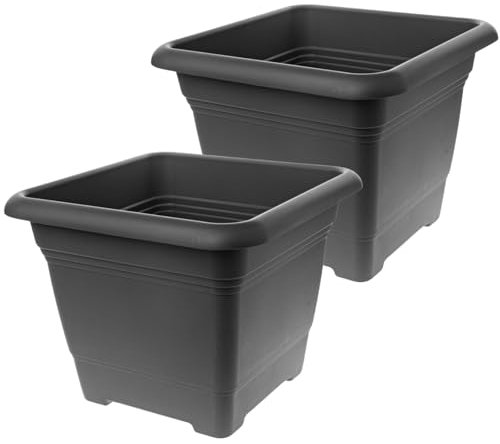 Lot de 2 grands pots de fleurs extérieurs 28 x 28 cm - En plastique résistant au gel - Fabriqué en Allemagne - Grand pot de fleurs extérieur avec protection UV et réservoir d'eau - Anthracite
