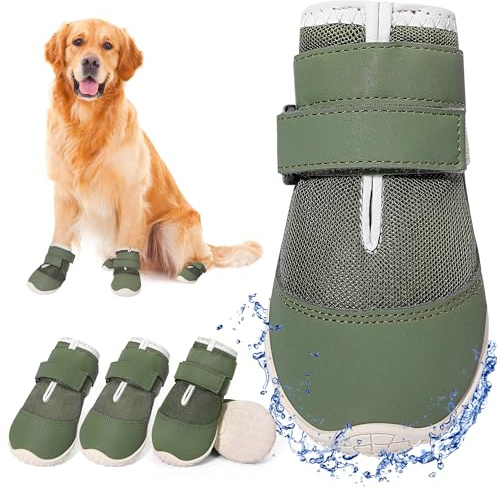 DcOaGt Dog Shoes for Large Dogs XXL,Mesh Breathable Dog Boots & Paw Protectors for Hot Pavement Summer Winter Snow, 360°Anti-Slip Dog Booties for Hiking/Walking,Military Green 4PCS(Size 9)