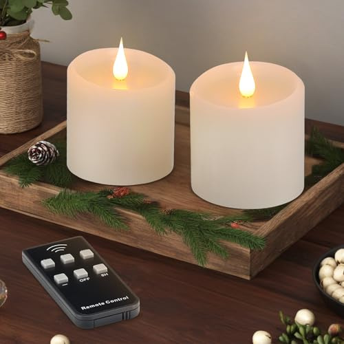 Tediselu Flickering Flameless Candles with 3D Moving Flame, Real Wax Battery Operated Candles with Timer and Remote, Last 600+ Hours, 3 x 3 LED Fake Candles for Home Wedding Christmas Decor, 2 Pack