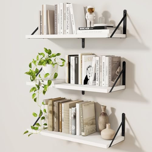 Feihorrm Estantería de pared flotante para libros con soportes, juego de 3 estantes blancos de 60 cm, estante de madera aglomerada para cocina, baño, dormitorio, sala de estar (blanco, 60 x 20 cm)