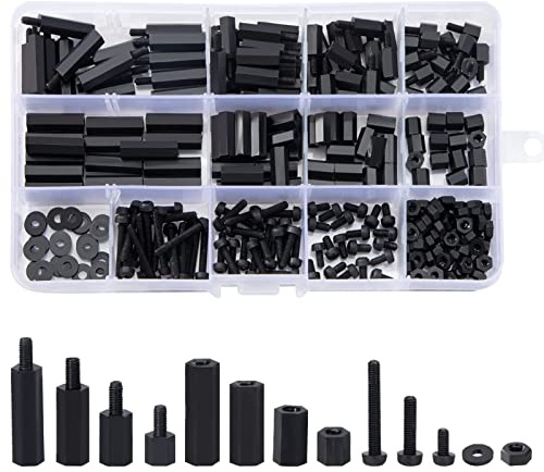 M3 Distanziali Esagonali in Nylon, 260 Pezzi Maschio Femminile Esagonale Distanziatore Viti Dadi Pilastro Filettato Assortito Kit con Scatola Portaoggetti, Nero