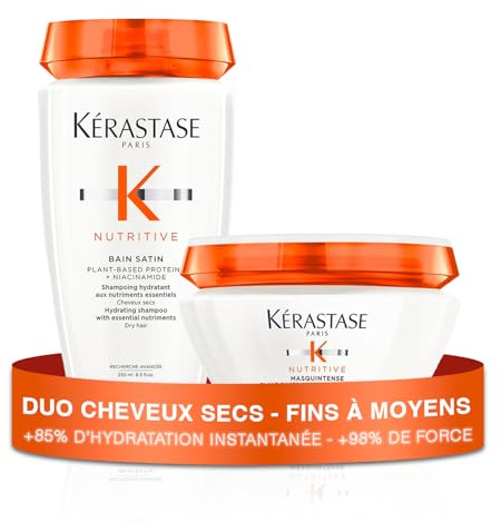 KÉRASTASE Nutritive - Routine Cheveux Secs, Fins à Moyens - Shampoing Bain Satin + Masque Cheveux Masquintense - Apporte des Nutriments Essentiels, Nourrit & Hydrate
