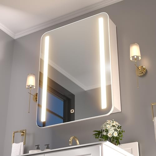 Reflexon 32x24 inch LED Lighted Bathroom Medicine Mirror Cabinet with Sockets & USBs, Anti-Fog Dimmable Light and Color Adjustment, Adjustable Shelves, Flat-Pack Design Assembly Required