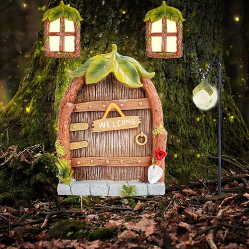 Csirnto 4 piezas de decoración de jardín de casa de hadas, puerta de duende de 14 cm, puerta de hadas y puerta de árbol para jardines, puerta de amigo invisible, exterior en la oscuridad, figuras de
