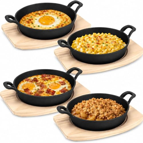 Juego de 4 cuencos para servir de hierro fundido con tabla de madera, sartenes de hierro fundido para Fajitas Omelette Tapas, sartén pequeña con 2 asas laterales para hornos, barbacoa e inducción