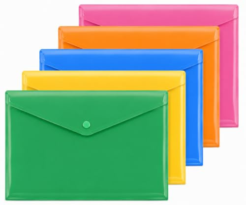 BESTOFJOYS A4 Plastic Wallets 5PCS Folders Plastic Popper Wallets Assorted Colours with Snap Closure School,College & Organization Office Supplies Lightweight Transperant Folders for Document Storage