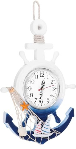 ELEOUTI Orologio da Parete Nautico Grande a Forma di Ancora e Timone, Decorazione Mare Specchio, Legno e Plastica Sicuri, per Soggiorno e Camera da Letto in Stile Costiero