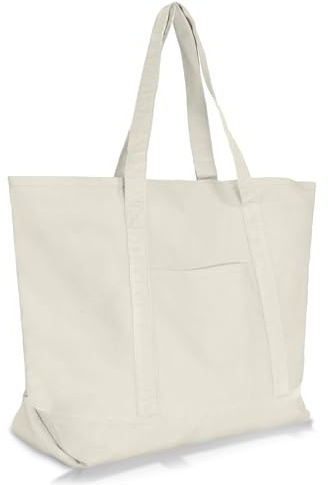 DALIX 22 Large Cotton Canvas Zippered Shopping Tote Grocery Bag in Natural