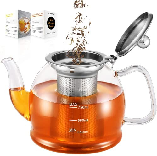 1000 ml Glass Teapot, Glass Teapot with Infuser, Tea Pot for Blooming/Loose Tea, Scale line Borosilicate Glass Flowering Tea Pot Brewer Guide, for 3-5 Cups