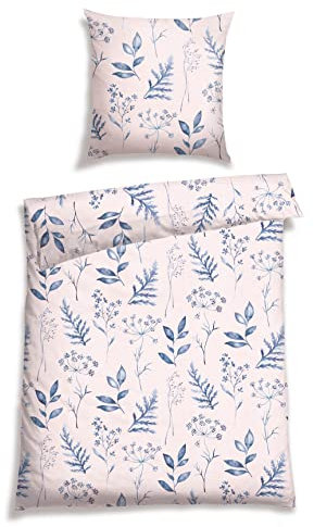 Schiesser Bettwäsche-Set Aimee aus weicher Baumwolle in filigranem Botanik-Print auf zartem Rosa, Farbe:Rosa und Blau, Größe:135 x 200 cm + 80 x 80 cm
