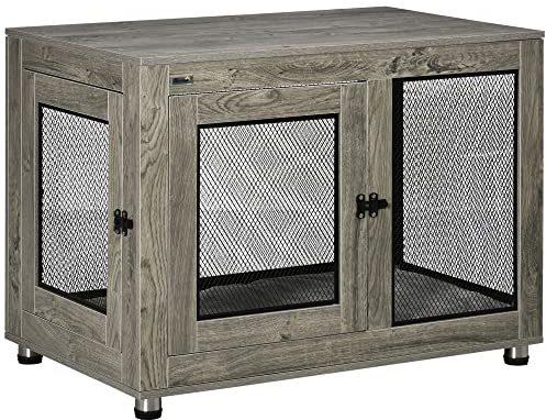 PawHut Dog Crate Furniture End Table w/Soft Washable Cushion, Two Doors, Indoor Pet Kennel for Small Medium Large Dogs w/Wire Mesh, Grey