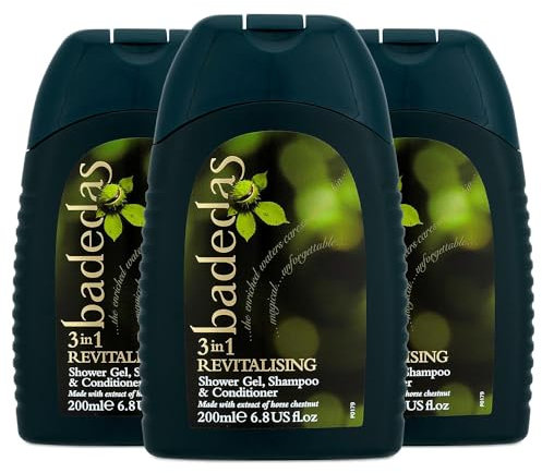 Badedas 3-in-1 Revitalizing Shower Gel Shampoo and Conditioner having a rich formulation with extract of horse chestnut and the distinctive Badedas Fragrance, 200 ml Pack of 3
