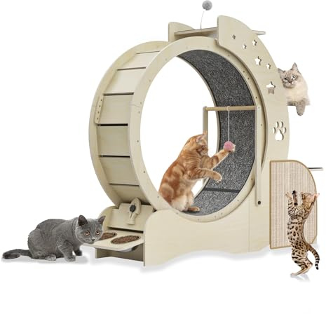 Auveach Ruota per Gatti 5 in 1 in Legno Multifunzionale Bloccabile Ruota per Esercizi per Gatti Tiragraffi a Scaletta per Gatti a 3 Livelli con 2 Ciotole Giocattoli Interattivi per Gatti