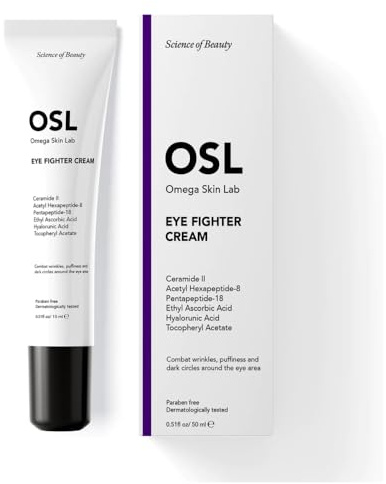 OSL Omega Skin Lab OSL Eye Fighter Cream 15 ml: Freundliche Augencreme gegen dunkle Ringe und geschwollene Augen, Retinol-Augencreme mit Tocopherylacetat, Hyaluronsäure, Ceramid II, Acetylhexapeptid-8