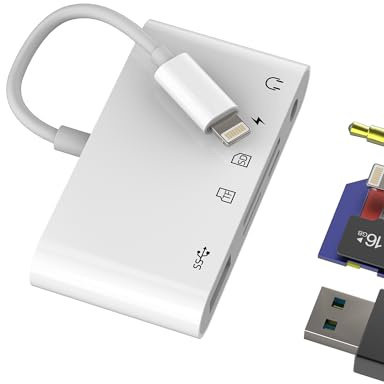 Lightning Adapter USB 3.0 SD Card Reader Micro SD 3.5mm Headphone Jack Lightning Charging Port (5-in-1)for Apple for iPhone 14 13 for iPad Digital Camera Memory Transfer OTG Cable Compact Accessories