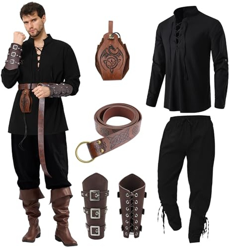 Ulikey Costume Medieval Homme, Vêtements Médiévaux Costume pour Hommes, Costumes Renaissance avec Chemise de Pirate Médiévale, Pantalon Médiéval Accessoire pour Homme (Noir, M)