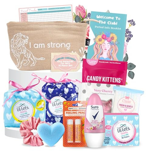 First Period Kit for Girls Bundle with Lil Lets Teen Pads, Night Pads, Liners, Self Care Products, Candy Kittens, London Carousel Period Tracker and Sanitary Pad Storage Bag