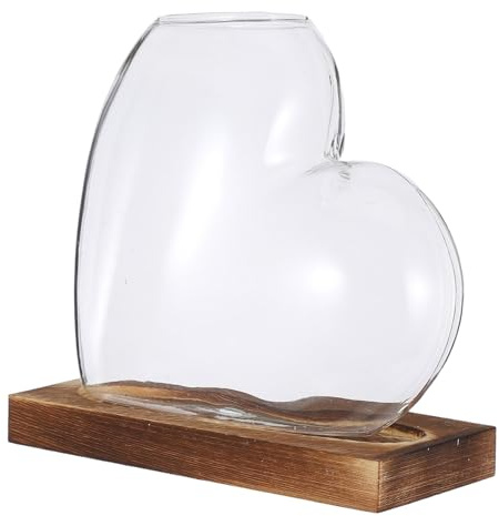 Toyvian Heart Shaped Glass Vase with Wooden Base Stylish Hydroponic Plant Propagation Station for Home and Office Decor Space Saving Terrarium Container for Windowsills and Shelves