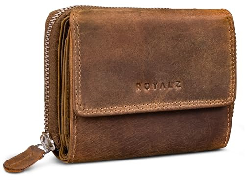 ROYALZ 'Liberty' Vintage Portemonnaie Damen klein Leder - kleine Geldbörse mit 7 Kartenfächern - Echtleder Geldbeutel RFID Schutz - viele Fächer Portmonee mit extra Münzfach, Farbe:Nevada braun