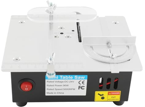 Mini sierra circular de mesa 96 W 5000 rpm con 4 hojas de sierra, ajuste de altura y velocidad, cubierta protectora, extracción de polvo, sierra circular compacta para madera, plástico, acrílico