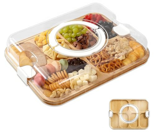 Arroopu Chopping Boards for Kitchen,Wood Cutting Boards for Kitchen - Storage Container Platter with Lid for Fruit Cheese Meat Snack Food Outdoor Party Picnic Camping