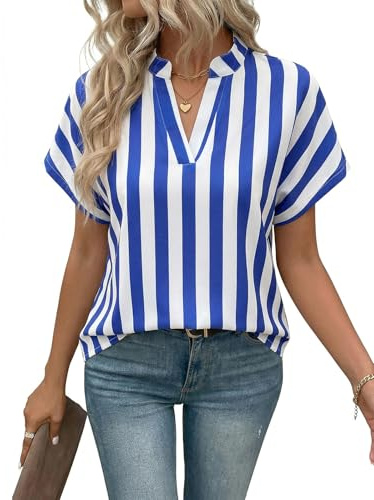 HEEKPEK Camicia Donna Estiva Camicetta Manica Corta Elegante Blusa Scollo a V a Righe Casual Maglietta Shirt Classico Estive Tops(Blu,XXL)