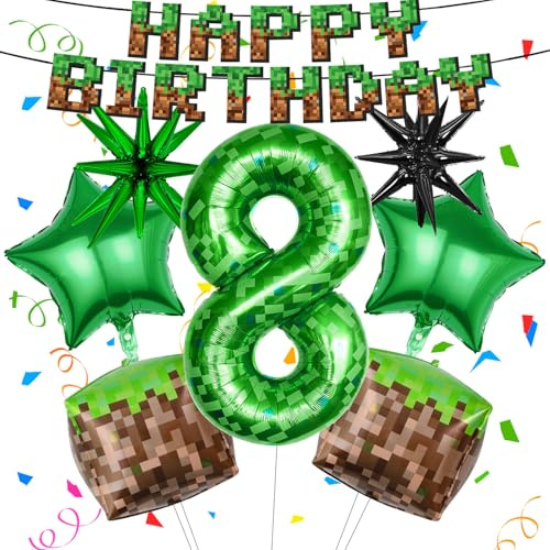 Ezydka Set de Decoración de Cumpleaños Pixel - Decoración de Cumpleaños Pixel, Decoración de Fiesta con Globos, Globo Foil, Guirnalna Happy Birthday para Decoraciones de Fiesta (8)