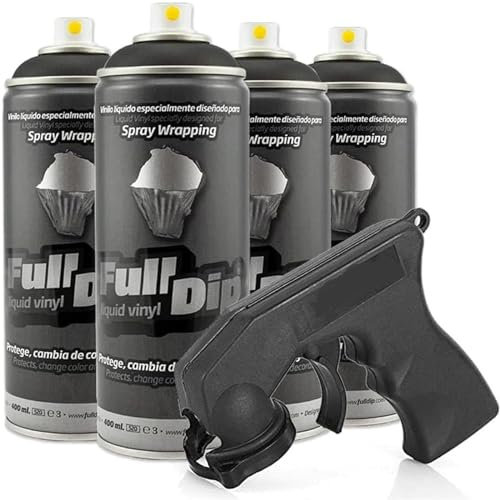 AutoFullCar - Pack Llantas Vinilo Líquido Full Dip - 4 Sprays Negro Mate 400 ml. Unidad - Adaptador de Spray de Regalo