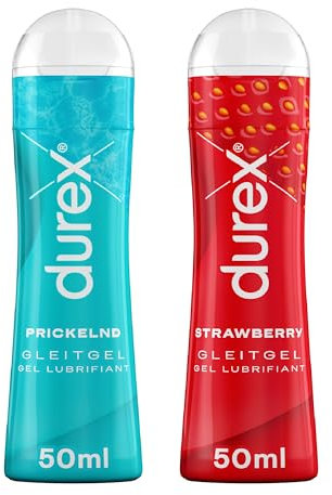 Durex Gleitgel Ausprobierpaket – Nicht fettend & hinterlässt keine Flecken – Prickelnd & Strawberry – Wasserbasiert, kondomgeeignet, abwaschbar & klebt nicht – 100 ml (2 x 50 ml)