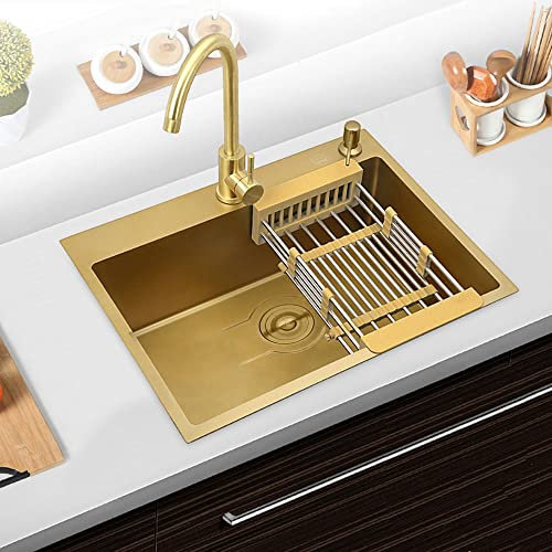 HomeLava Spülbecken Gold 60 x 45 cm Edelstahl Einzelbecken Einbauspüle mit Siphon Spültischarmatur Wasserhahn Einhebel Seifenspender