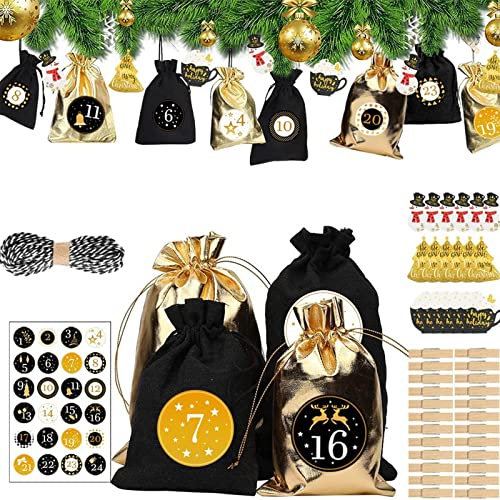 24 Adventskalender zum Befüllen, Weihnachten Geschenksäckchen Stoffbeutel Jutesäckchen mit 1-24 Zahlen Aufkleber und 24 Weihnachtsgeschenkanhänger, Weihnachtskalender tüten/Säckchen für Weihnachten