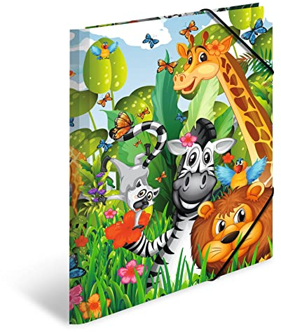 HERMA 19373 A4 Kindergarten Animals Jungle Collector's Folders, Pack of 3, Children's Cardboard Corner Folder with Inner Print and Elastic Band, Sturdy Cardboard Folders Set for Boys and Girls