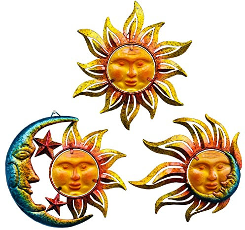 J-Fly Sonne Metall Wandkunst Dekor Im Freien,Sonne Mond Stern,Metall Glas hängende Wanddekoration für Wohnzimmer Schlafzimmer Badezimmer Garten Terrasse Veranda Zaun Balkon,3 Stück, 23 cm