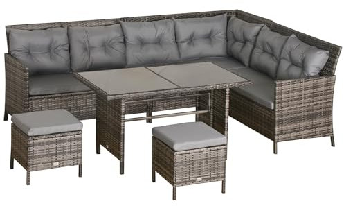 Outsunny Salon de Jardin Confortable pour 8 Personnes 3 canapés d'angle + 2 poufs + Table à Manger 12 Coussins d'assise et de Dossier en Polyester tissé Gris écru