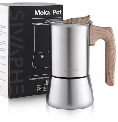 Sivaphe Stovetop Espresso Maker Stainless-Steel 3.5 oz, 1-2 Cup Coffee Maker Induction Moka Pot, 100ml Moka Campaing Coffee Pot, Induction Italian Mocha Pot with Step-by-step Instructions(1 Cup=50ml)