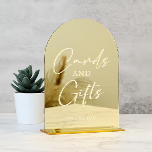 Acrylic Cards and Gifts Sign with Stand- 5x7 Gold Mirror Arched Wedding Sign and Base,1/8 Thick | Modern Calligraphy White Lettering Arch Acrylic Sign for Wedding Reception & Party