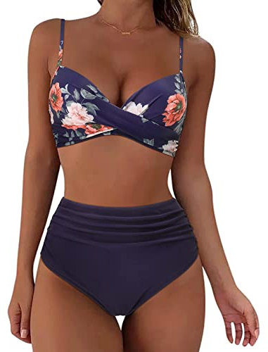 Damen Zweiteiliger Badeanzug V Ausschnitt überkreuztes einfarbig Bauchkontrolle Bademode Trend Sommer Bikini Sets Zweiteilige Bademode Sommermode Swimsuit S-XXL #01_DunkelBlau,S