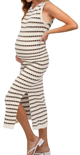 OUGES Women's 2026 Summer Knit Maternity Dress for Photoshoot Sleeveless Midi Sundress Side Slit Striped Bodycon Crewneck Tank Wedding Guest Fall Sweater Dress(Apricot Khaki Striped,M)