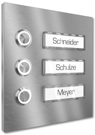 Graviers Design Campanello multi familiare con Pulsante LED Targhetta 3 nomi - V2A acciaio inox 140x150 mm - incasso selezionabile esterno per porta d'ingresso di casa