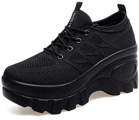 Women's Chunky Platform Comfort Orthopedic Wedge Walking Shoes Fashion Knitted Breathable Lace Up Lug Sole Casual Non-Slip Running Shoes With Arch Support (black, Adult, Women, 7, Numeric, US Footwear Size System, Medium)