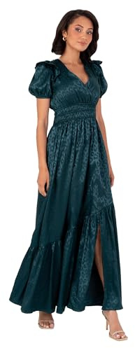 Lovedrobe Women's Maxi Dress Ladies V-Neck Short Sleeve Wrap Open Back Bow Detail Elasticated Waist Slit Satin A-Line Occasion Vestido, Verde Oscuro, 52 Mujeres