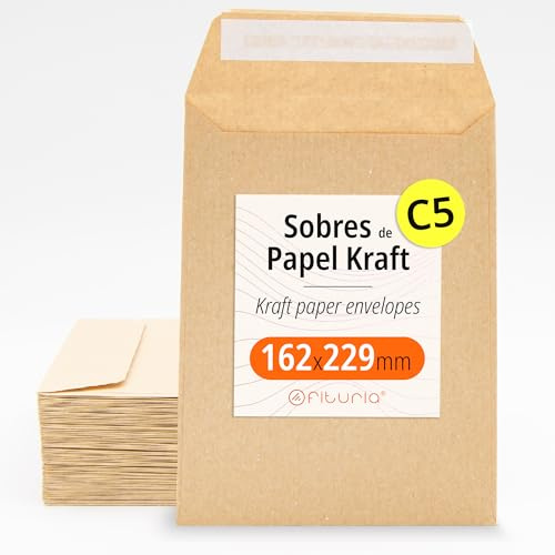 Sobres de Papel Kraft, Sobres para Documentos, Regalos, Invitaciones de Boda y Envíos, Bolsas de Papel Resistentes, Versátiles para Todas las Ocasiones, Tamaño C5 - Ofituria (162x229, 50 uds)