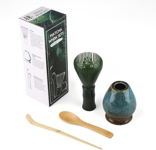 Matcha kit 4 Pezzi, Set da tè giapponese Matcha, Frusta Matcha Gialla in Resinoso, Cucchiaio in Bambù, Paletta in Bambù, Portafrusta, Kit per cerimonia fatto a mano (Verde)