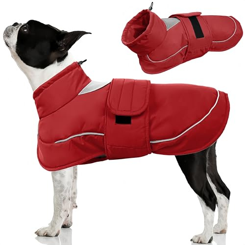 Kuoser Hundemantel Hundejacke, Wasserdicht Warmer Wintermantel für Hunde, Mit Reflektierendem Streifen, Leinenöffnung & Verstellbarem Kordelzug, Rot S