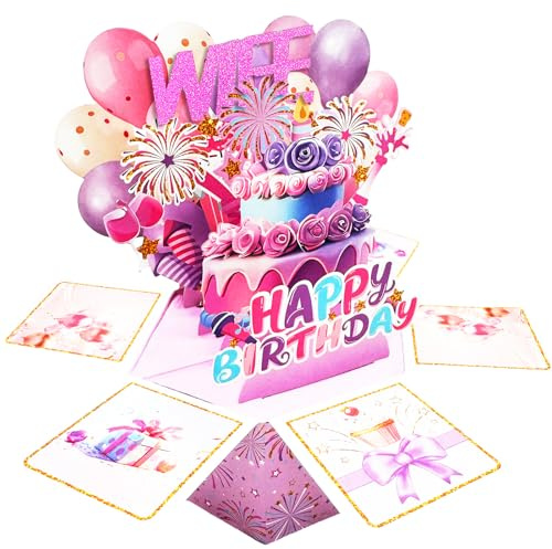 3D Pop Up Birthday Card Gifts for Wife, Explosion Box Greeting Card with Cake, Balloons & Gifts, Funny Wife Birthday Card