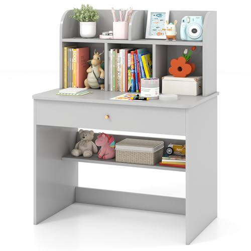 GYMAX Wooden Kids Desk, Children Study Table with Storage Shelf, Drawer and Hutch, Student Writing Desk for Reading, Studying, Drawing (Grey)