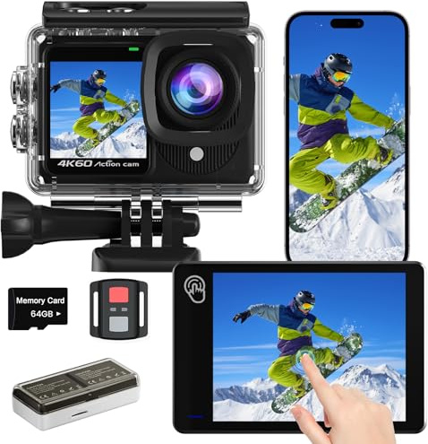 TIMNUT Touchscreen 4K60FPS Action Cam mit 64G Karte, 40M Unterwasserkamera 48MP HD WiFi Kamera mit EIS 8X Zoom Wasserdicht Actionkameras Weitwinkel Sportkamera mit 2 * 1350 mAh Akkus