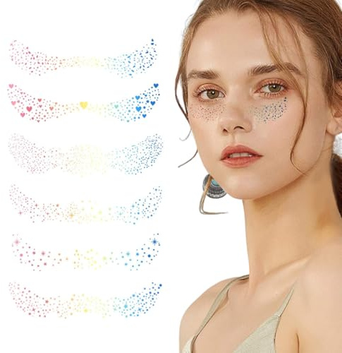 YUVKIN 6 pegatinas de tatuajes con pecas brillantes, resistentes al agua y al sudor, efecto duradero, pegatinas temporales para la cara, perfectas para fiestas y ocasiones festivas.