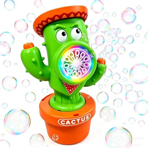 Protado Bubble Machine, Rechargeable Dancing Cactus Toy for Kids Ages 3+ | Automatic bubble blower with music, colorful lights and solution included for outdoor summer play, parties and birthday gifts